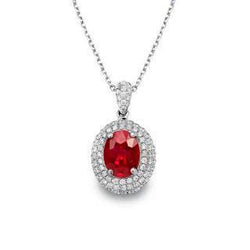 Red Ruby With Diamonds Pendant Necklace 3 Carats White Gold 14K