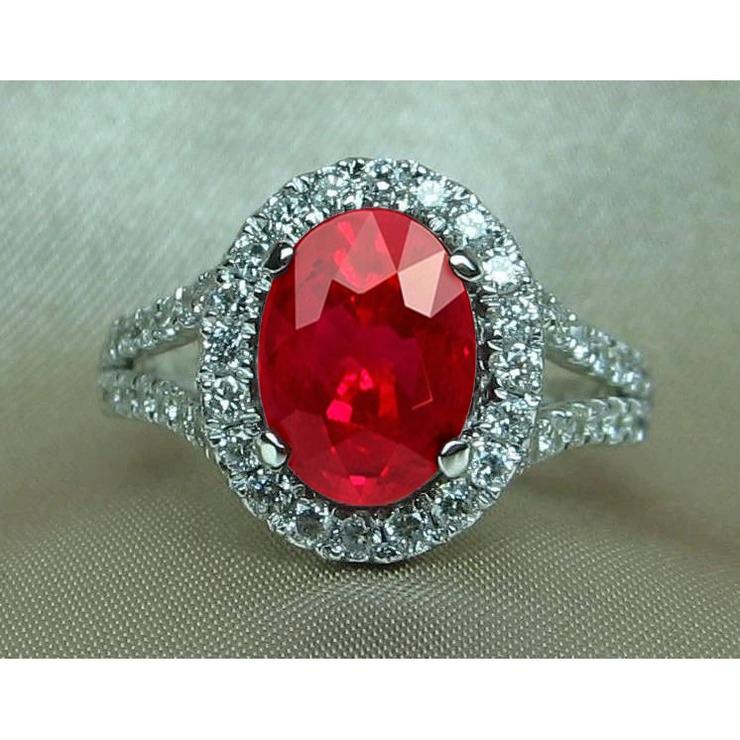 Red Oval Shaped Ruby With Accents Diamond Wedding Ring White Gold 14K Gemstone Ring