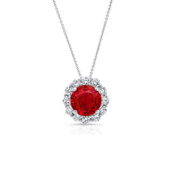 Red Ruby And Diamonds 4.75 Carats Pendant Necklace Gold White 14K Gemstone Pendant