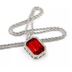 Red Ruby Emerald Cut & Round Diamond Pendant Necklace 7.35 Ct. WG 14K