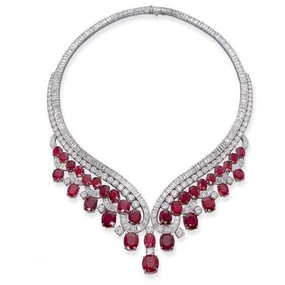 Red Ruby With Diamonds 59 Carats Ladies Necklace 14K White Gold Gemstone Necklace