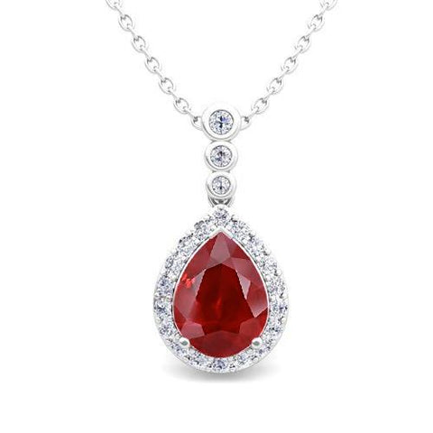 Red Ruby With White Diamonds 4.50 Carats Pendant Necklace Gold White 14K Gemstone Pendant
