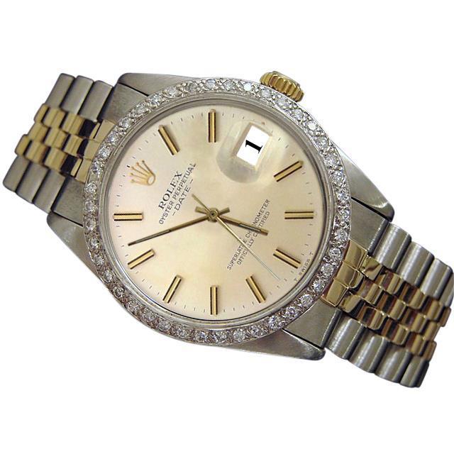 Rolex Date Watch Silver Stick Dial Diamond Bezel Ss & Gold Jubilee Rolex
