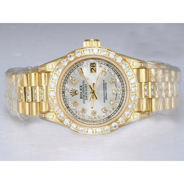 Rolex Datejust Iced Out Diamond Lady Watch Yellow Gold Bracelet Rolex