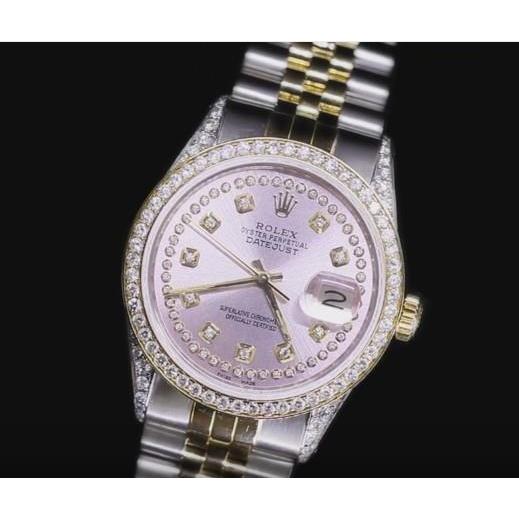 Rolex Datejust Watch Pink Custom Diamond Dial Two Tone Bracelet Rolex