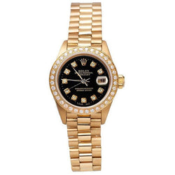 Rolex Dj President Style Ladies Watch Black Diamond Dial Bezel Yg