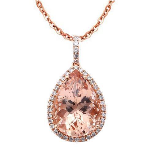 Rose Gold 14K Pear Morganite With Round Cut Diamonds Pendant 28.75 Ct Gemstone Pendant