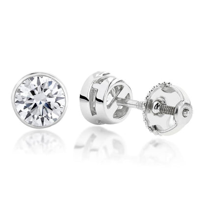Round Bezel Set Diamond Women Studs Earring Solid White Gold 