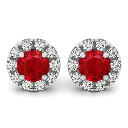 Round Brilliant Cut 7 Ct. Ruby With Diamonds Studs Earrings