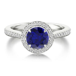 Round Ceylon Sapphire Halo Diamond Ring 2.85 Ct White Gold Jewelry 14K