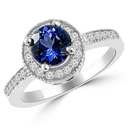 Round Ceylon Sapphire Halo Diamond Ring White Gold Jewelry 1.5 Ct.