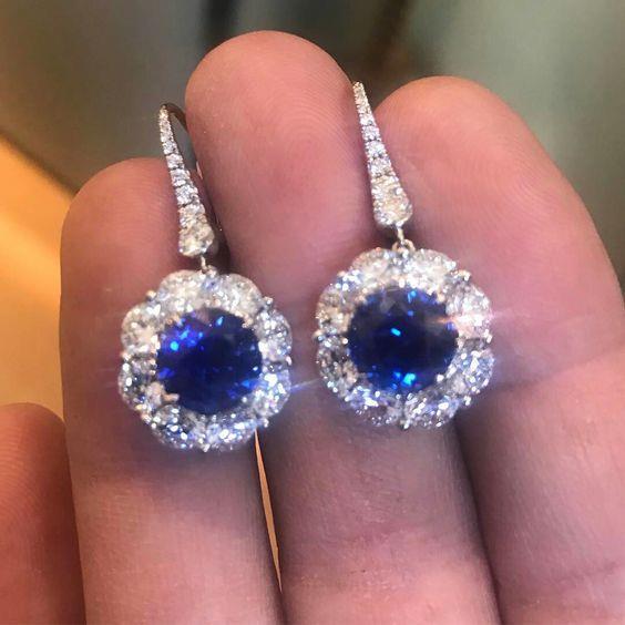 LAdies Round Cut   Sri Lankan Sapphire And Diamond Dangle Earring   Gemstone Earring