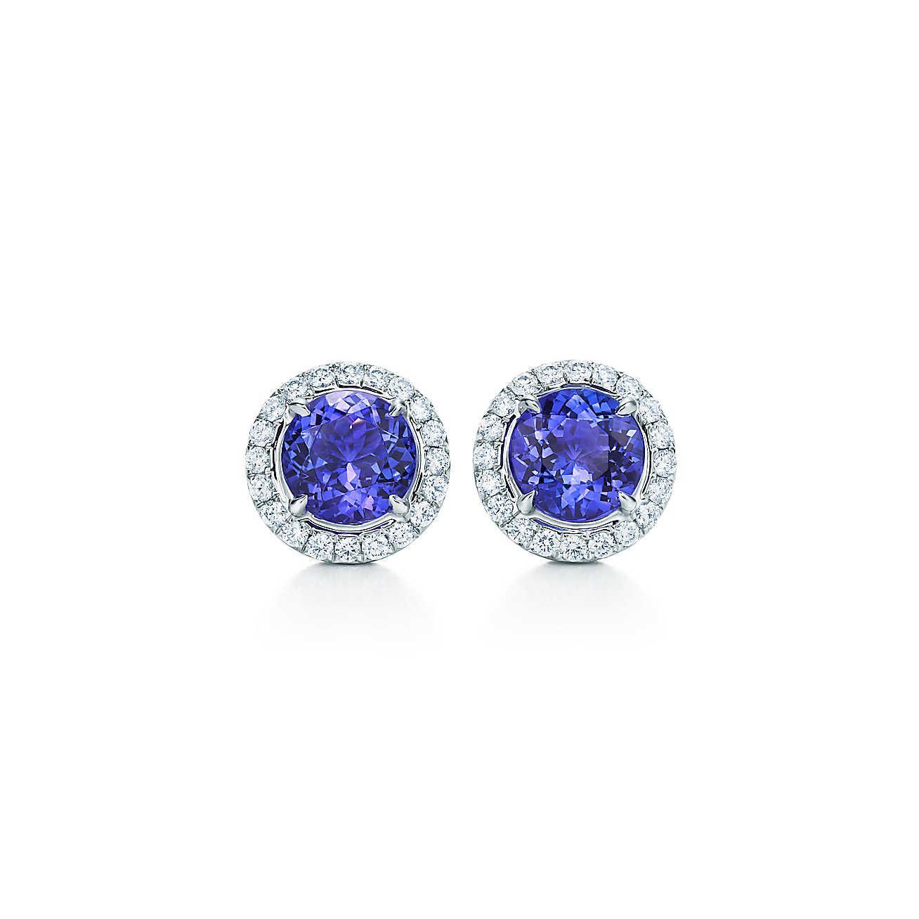 Round Cut 4 Ct Tanzanite And Diamonds Women Halo Studs Pave Earrings Gold 14K Gemstone Earring