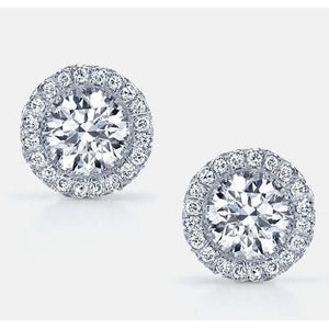 Round Cut  Halo Diamonds Ladies Studs Earrings Gold White