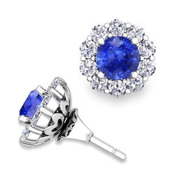 Round Cut 4.50 Ct Ceylon Sapphire With Natural Earth Mined Diamonds Studs Halo White Gold