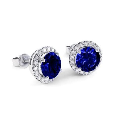 Round Cut 5Ct Sapphire With Diamonds Studs Pave Halo Earrings White Gold 14K Gemstone Earring