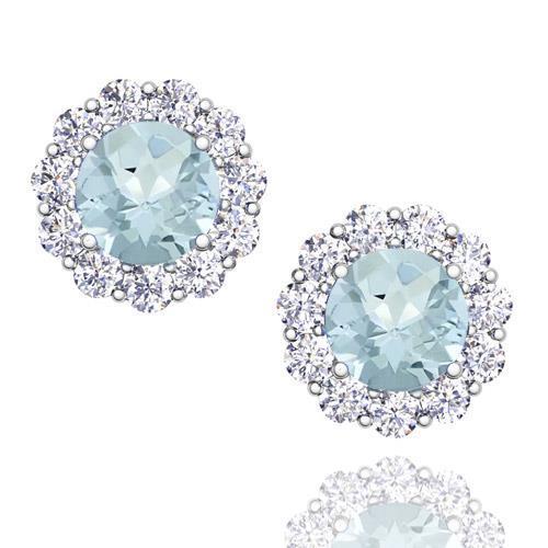 Fancy Princess Cut Style  Round Cut Aquamarine With Halo Diamonds Studs Earrings Gold  Gemstone Earring