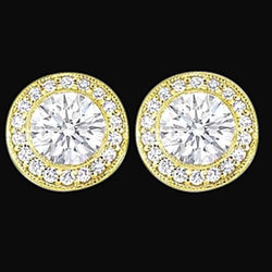 Round Cut Diamond Ladies Studs Halo Earring 3 Ct. Yellow Gold New