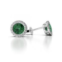 Green Emerald And Diamond 4 Carats Stud Earrings 14K White Gold
