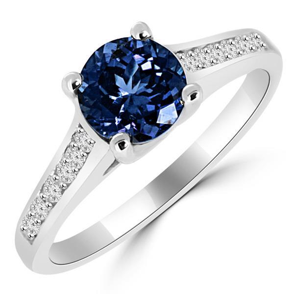 Round Cut Prong Set Ceylon Sapphire Diamond  White Gold  Gemstone Ring