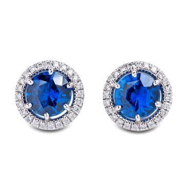 Round Cut Prong Set Studs Earrings     Ceylon Sapphire Halo Gemstone Earring