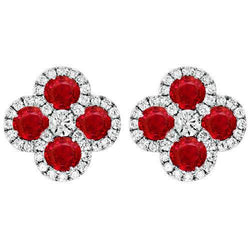 Round Cut Ruby And Halo Diamond Stud Earrings 5 Carat White Gold 14K