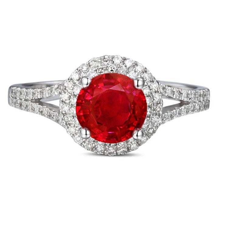 Round Cut Red Ruby With Accents Diamond Wedding White Gold  Gemstone Ring