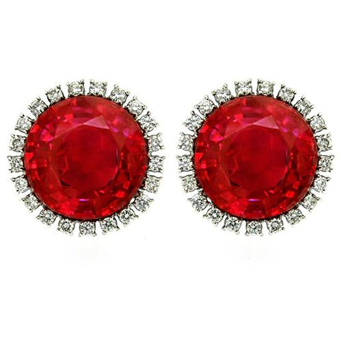 Womans Round Cut Red Ruby With Diamond Halo Stud Women Earring White Gold Gemstone Earring
