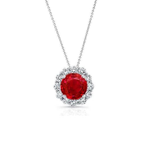 Round Cut Red Ruby With Halo Diamond Necklace Pendant White Gold 14K Gemstone Pendant