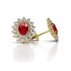 Round Cut Ruby & Diamonds Halo Studs Earrings 5 Ct Yellow Gold 14K