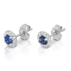 Round Cut Sapphire And Natural Earth Mined Diamonds 3.40 Carats Studs Earrings 14K Gold