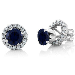Round Cut Sapphire & Diamonds 3.50 Carats Stud Earrings White Gold 14K