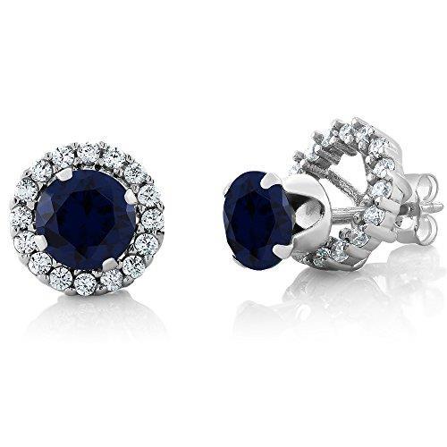 Round Cut Sapphire And Diamonds Stud Halo Earring White Gold  Gemstone Earring