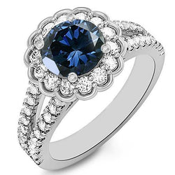 Round Sri Lanka Blue Sapphire Halo Diamond Ring 2.25 Carats White Gold