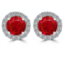 Round Cut White Gold Ruby With Halo Diamond Stud Earrings 5.60 Ct