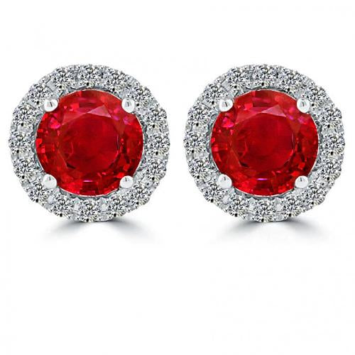 Round Cut White Gold Red Ruby With Halo Diamond Stud Earring  Ladies Brilliant Sparkling  Gemstone Earring