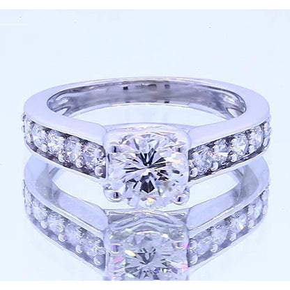 Round Diamond Engagement Ring Channel Set White Gold Solitaire Ring with Accents