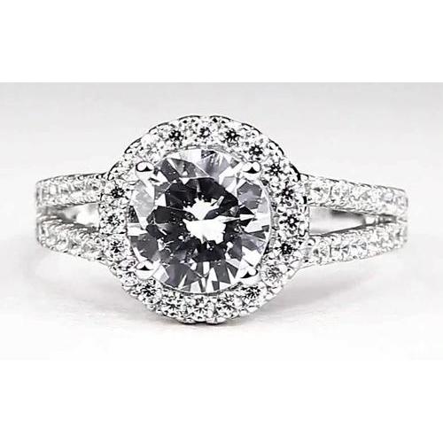 Round Diamond Halo Setting Engagement Ring Split Shank White Gold 14K Halo Ring