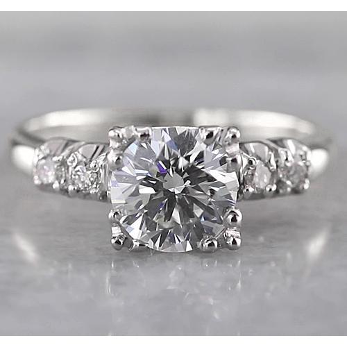 Round Diamond Prong Vintage Style White Gold Diamond Solitaire Ring with Accents 