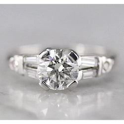Real  Round Diamond Ring 1.75 Carats With Baguettes White Gold 14K