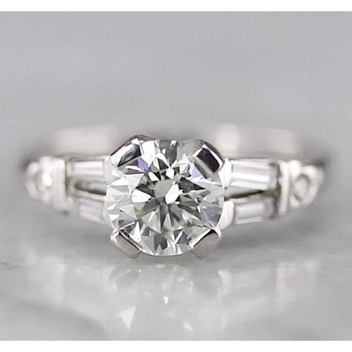 Round Diamond Ring Baguettes White Gold 14K F 1.75 Carats Engagement Ring