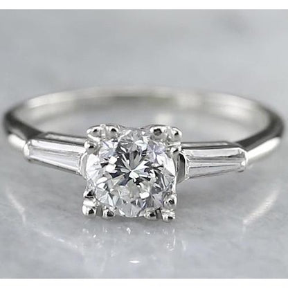Round Diamond Three Stone Ring Baguettes F Vs1 Vvs1 White Gold 14K 1.50 Carats Three Stone Ring