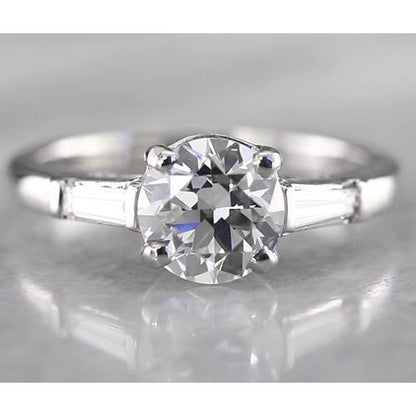 Round Diamond Three Stone Ring Baguettes F Vs1 Vvs1 White Gold 14K 1.60 Carats Three Stone Ring