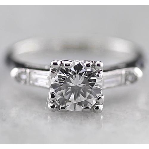 Round Diamond Three Stone Ring Baguettes F Vs1 Vvs1 White Gold 14K Three Stone Ring