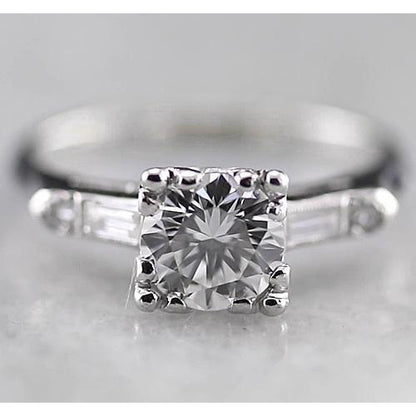Round Diamond Three Stone Ring Baguettes F Vs1 Vvs1 White Gold 14K Three Stone Ring