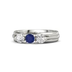 Three Stone Blue Sapphire And Natural Earth Mined Diamond Ring 1 Carat White Gold 14K