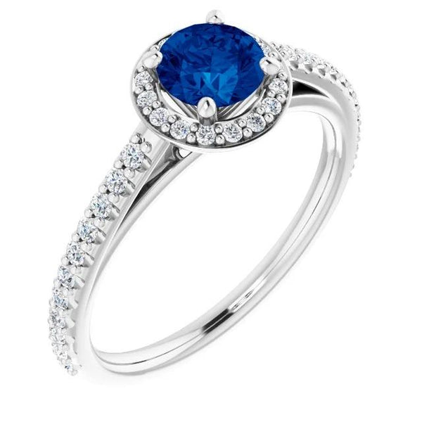 Round Halo Blue Sapphire  Brilliant Sparkling    White Gold   Gemstone Ring