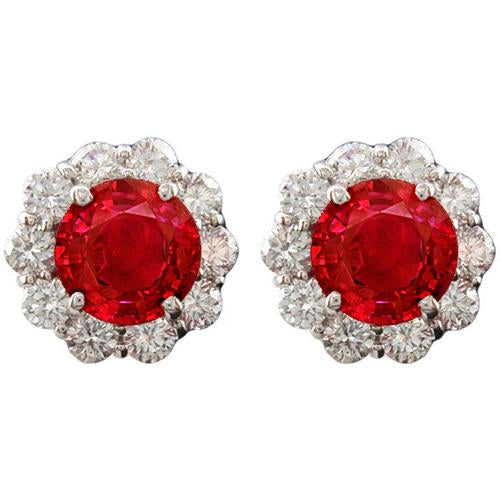 Round Red Fancy Princess Cut Style   Ruby Diamond Stud Halo Women   White Gold     Gemstone Earring