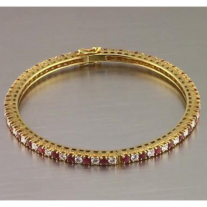 Yellow Gold New Amazing Womans Anneversary  Ruby And Diamond Tennis Bangle
