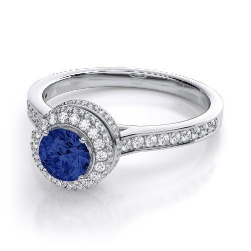 Sapphire And Diamond Wedding  Jewelry Gold White  Round Cut Gemstone Ring